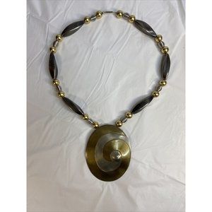 Chicos Pendent Statement Necklace Gold Silver Tone Oval Metal Disc Beaded 24in